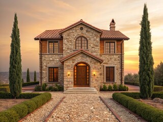 Naklejka premium Charming exterior of a single old stone house in traditional Mediterranean style, with rustic garden terrace, rocky soil, gravel paths and surrounded by tall Cypress trees