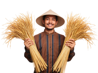 Happy asian farmer with conical hat holding bundles of ripe rice grain stalks isolated transparent