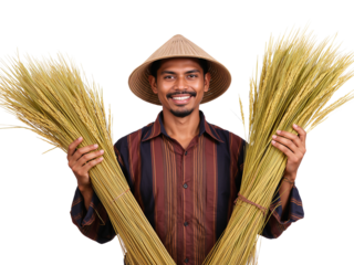 Proud rice farmer displaying the golden harvest with a smile on an isolated transparent backdrop