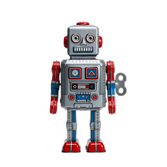 Fototapeta premium Isolated Toy Robot Stands on Transparent Background, Featuring Retro Design and Wind-Up Key