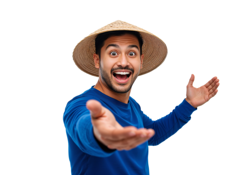 Enthusiastic man with conical hat extending a welcoming hand on transparent background