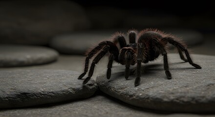 Dark Brown Tarantula Spider Crawling on Flat Stones in Low Light