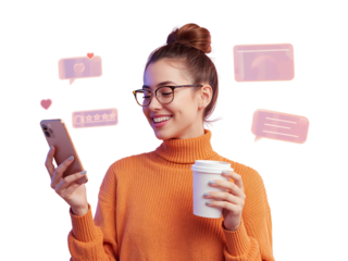 Smiling woman holding smartphone, surrounded by social media notifications, with a coffee