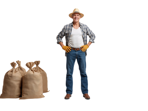 Proud farmer standing with hands on hips next to sacks on transparent isolated background