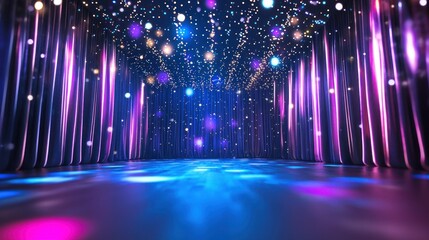 A vibrant stage with a curtain, blue lights, and sparkling particles, creating a magical and festive atmosphere.