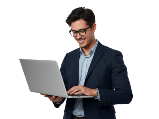 Confident professional in suit with laptop, isolated for creative project or marketing design,