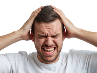 Intense pressure and distress of a man experiencing profound discomfort, frustration and headache