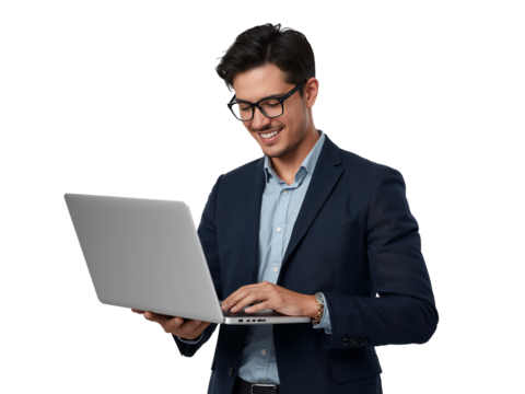 Confident professional in suit with laptop, isolated for creative project or marketing design,