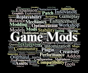 Game Mods Word Cloud. Key Concepts On Customization, Expansion, Tools, Community, Compatibility, And Creative Innovation In The Gaming Ecosystem.