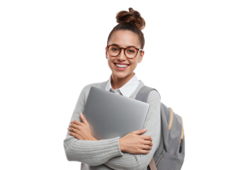 Cheerful young woman with glasses holding laptop and backpack with transparent backdrop
