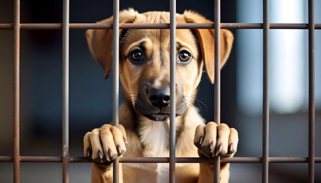 Sad puppy in a cage waiting for adoption.