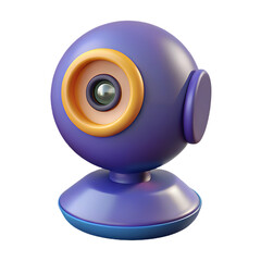 A whimsical purple webcam with a large orange eye and a blue base sits against a stark black background evoking a playful and retro tech aesthetic