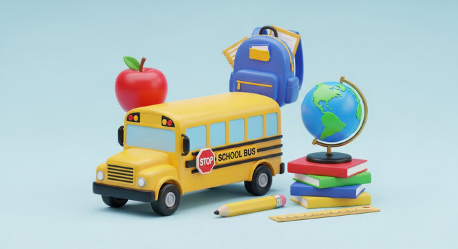 Fototapeta A yellow school bus with a red stop sign on a blue background.