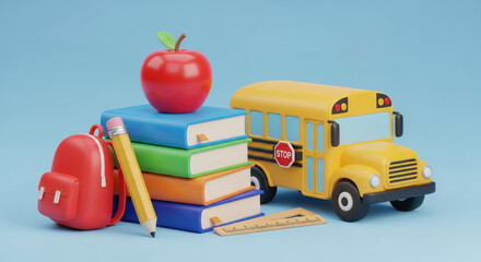A colorful school bus with a red apple on top, surrounded by books and a backpack on a blue background.