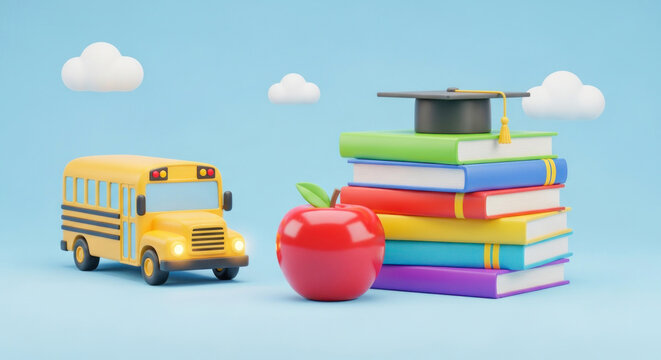 A yellow school bus with a red apple and a graduation cap on a stack of books against a blue background.
