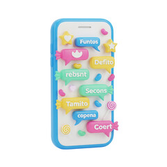 Colorful 3D Rendered Smartphone with Text Bubbles Lollipops Stars and Hearts in a Transparent Background