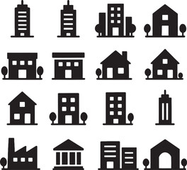 Obraz premium Collection of black building icons with trees and windows architecture house