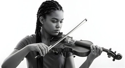Young Woman Playing Violin, Black and White Portrait