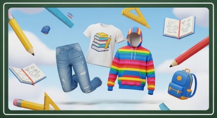 A colorful rainbow hoodie and jeans against a blue sky with clouds.