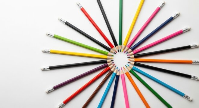 A colorful array of pencils arranged in a circular pattern on a white background.