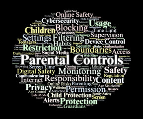 Parental Controls Word Cloud. Key Concepts On Child Protection, Digital Safety, Privacy, Screen Time, And Responsible Parenting In The Modern Online Environment.