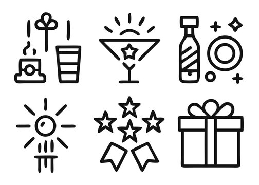 A versatile collection of celebration themed graphic elements with adaptable stroke thickness for diverse design projects