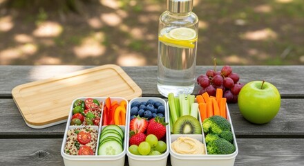 Healthy lunch box with fruits, vegetables, and a water bottle on a wooden table.