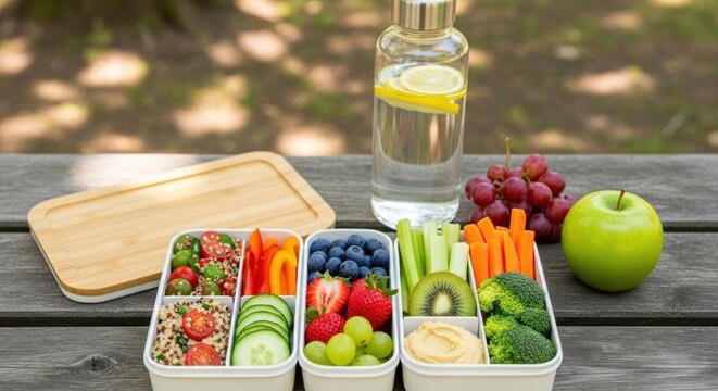 Healthy lunch box with fruits, vegetables, and a water bottle on a wooden table.