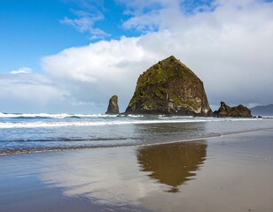 Coastal scene with a large, dark rock formation partially reflecting in the wet sand, waves gently lapping the shore under a partly cloudy sky