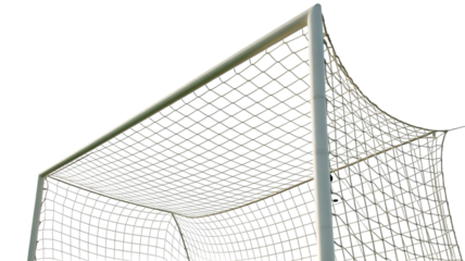 A soccer goalpost with a net isolated on transparent background in a stadium