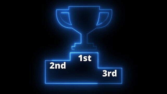 Neon blue line winner podium with 1st, 2nd, and 3rd place icon animation with blue color on a black background pedestal appearance 4k motion design animation for web.