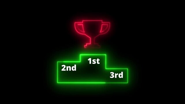 Neon red line winner podium with 1st, 2nd, and 3rd place icon animation with red color on a black background pedestal appearance 4k motion design animation for web.