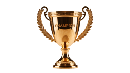 Golden champion trophy with laurel wreath isolated on transparent background, a symbol of victory