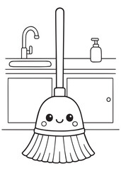 coloring book broom in kitchen sink background, kawaii fun line art