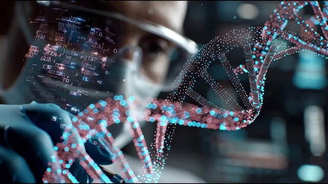 Longevity science aging. Genetics senescence health. Biotechnology wellness. A scientist analyzing DNA structure with digital elements.