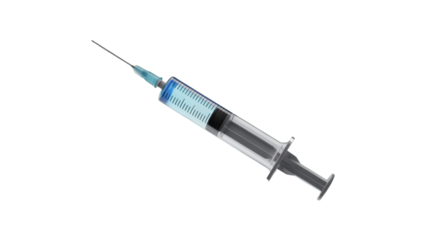A blue liquid filled syringe with needle isolated on transparent background