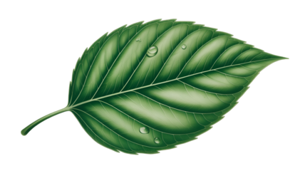 Closeup of a green leaf with water droplets isolated on transparent background