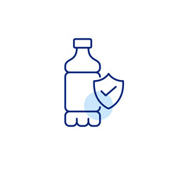 Bottle, shield and checkmark. Verified product safety, certified contents, trusted packaging, approved ingredients. Pixel perfect, editable stroke vector icon