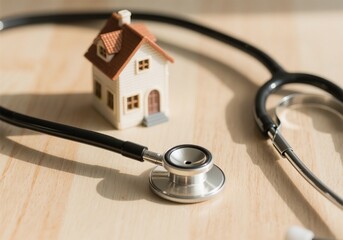 Miniature House with Stethoscope Representing Health and Home Insurance Protection