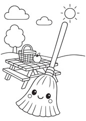coloring book broom at picnic table with basket, kawaii outdoor theme
