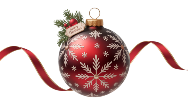 Red christmas ball ornament with snowflakes isolated on transparent background
