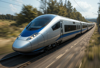 Naklejka premium sleek modern high speed train moving swiftly through forested countryside landscape on sunny day