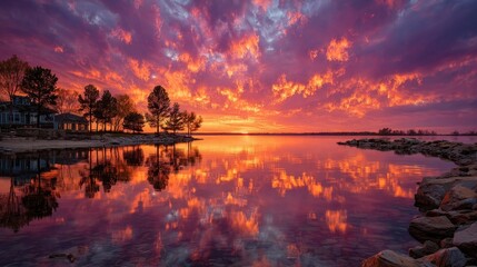 Pink and purple sunset over calm water reflection