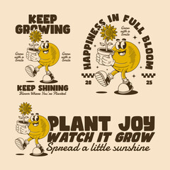 Retro style illustration featuring a cheerful sun character holding a sunflower, with motivational text about growth and happiness. The design uses a vintage color palette