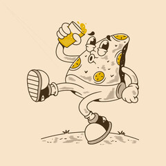 Funny Walking Pizza Slice Character with Retro Cartoon Style