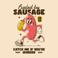 Funny Running Sausage Cartoon Retro Typography T Shirt Design