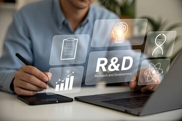 Modern businessman working with futuristic holographic interface displaying r&d and business analytics data