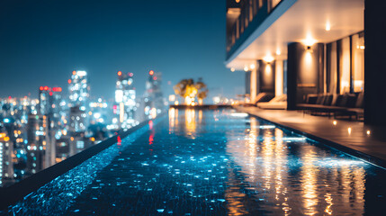 Luxurious rooftop infinity pool at night reflecting a vibrant city skyline with bokeh lights creating a magical atmosphere