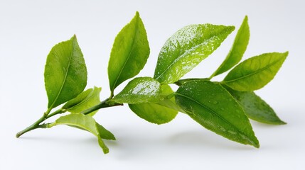Obraz premium Green Tree Branch with Water Droplets on White Background for Plant Science or Nature Design