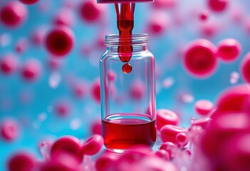 Red blood cells under microscope, vial of blood, medicine, healthcare